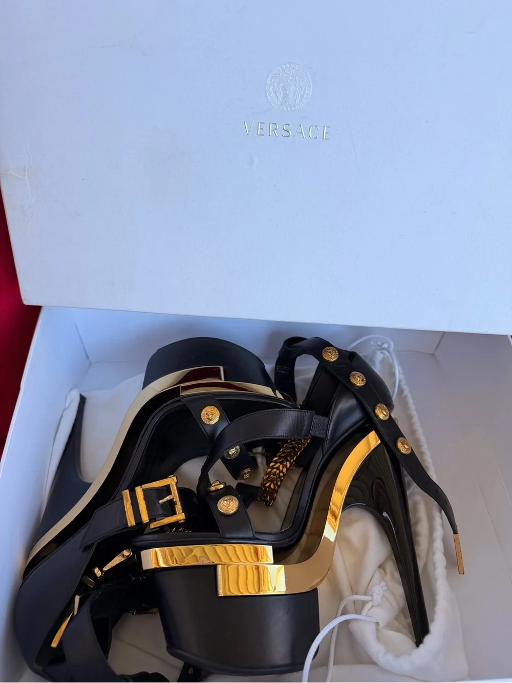Versace Black and Gold Leather Triple Platform Medusa size 7.5/8 US
